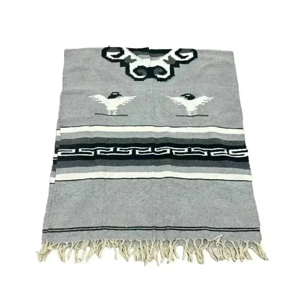 Vintage HandwovenSerape Poncho With Bird Motif & Geometric Patterns Black Grey